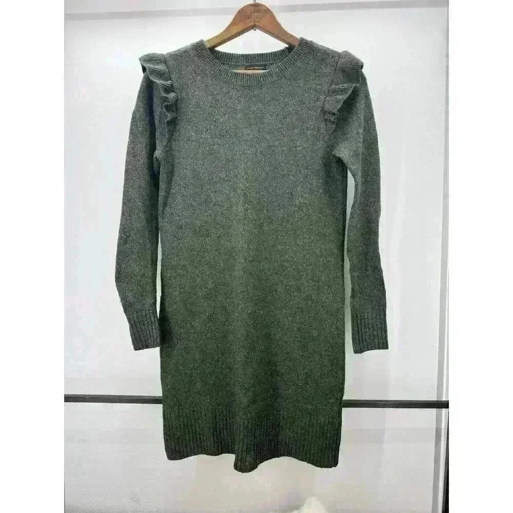 Club Monaco XS Long Sleeve Green Knit Wool Blend Shift Dress Ruffle Above Knee